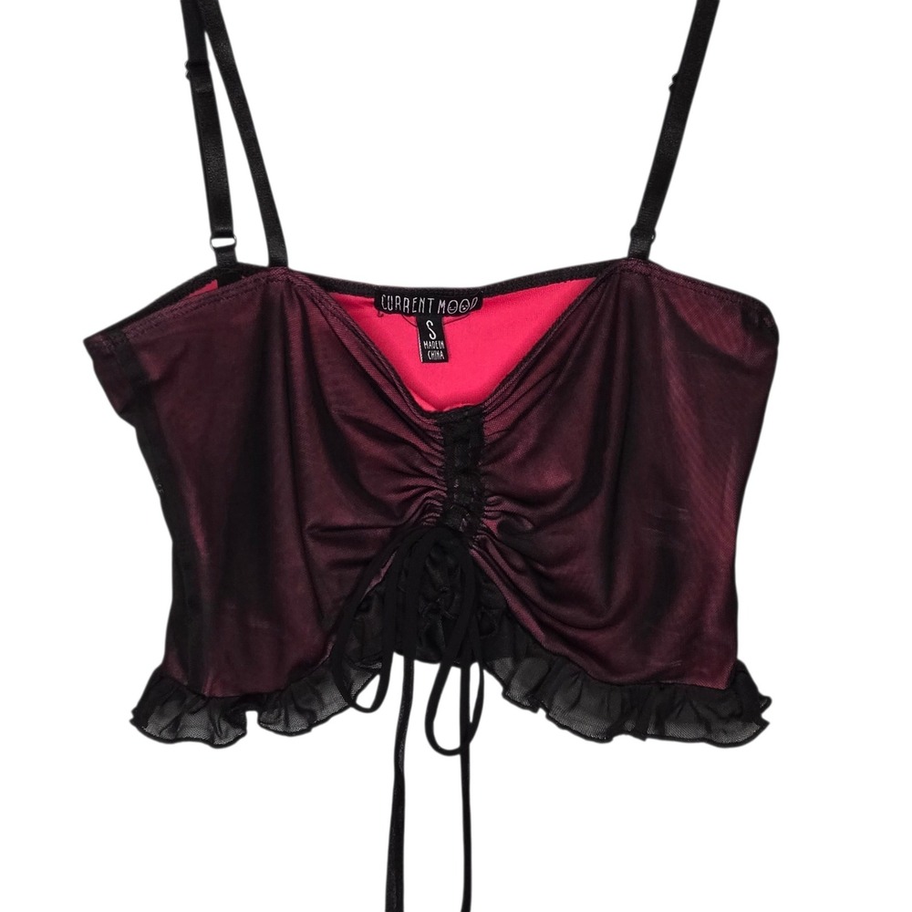 Current Mood Dolls Kill Ruched Black Mesh Hot Pink Cami Crop Top S Goth vampy